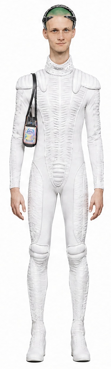 Vitalis full body front view in a white sculpted suit with a holographic shoulder bag