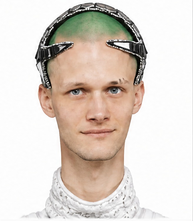 Vitalis portrait: green buzz cut, chrome and crystal crown, white woven collar
